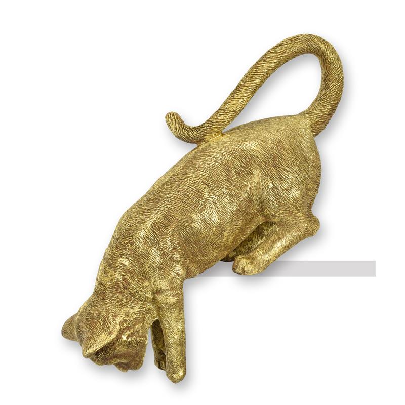 Resin kattenbeeld hangend over rand, goudkleurig – 39,6 cm – VntiQue