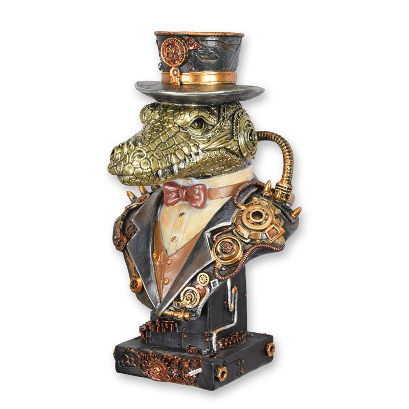 Steampunk buste van een krokodil in jacquet met hoge hoed en tandwielen, hars
