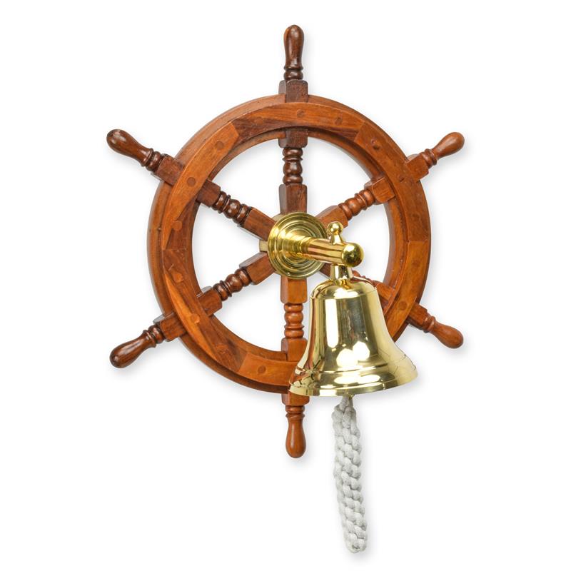 Houten scheepswiel met glanzende messing scheepsbel en witte koordtrekker – Ø 40 cm