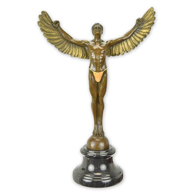 Bronzen beeld Icarus met uitgestrekte vleugels op marmeren sokkel – 40,8 cm – VntiQue