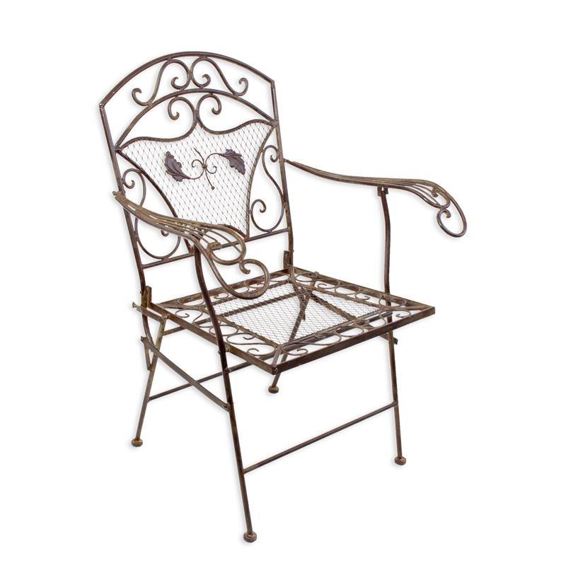 Bruine ijzeren armstoel met sierlijk scrollwerk – 95×51×72 cm – VntiQue