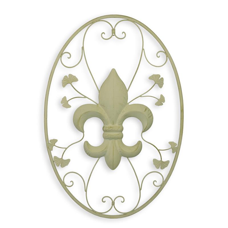 Witte ijzeren fleur-de-lis wanddecoratie in ovaal opengewerkt frame – 92,3×62,7 cm – VntiQue