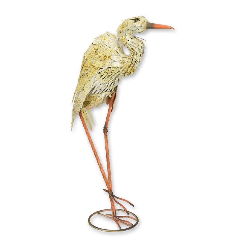 IJzeren reiger met lange poten op ringvormige voet, handafgewerkte verenstructuur, 86,5 cm hoog