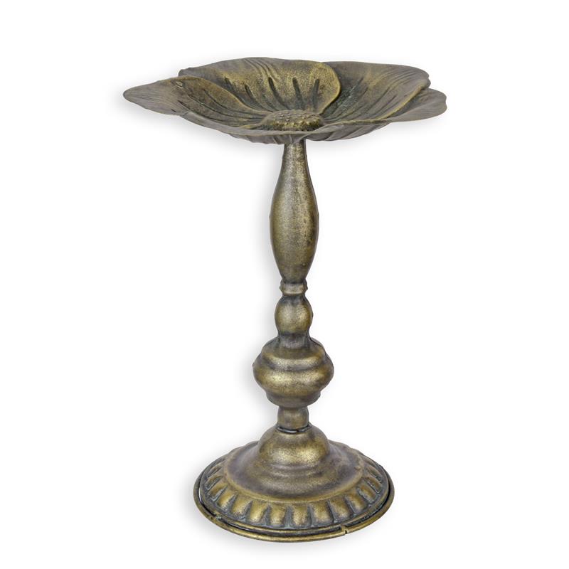 IJzeren vogelbad op voet met bloemvormige schaal en antiek-bronskleurige afwerking, 24,2 × 24,2 × 34 cm