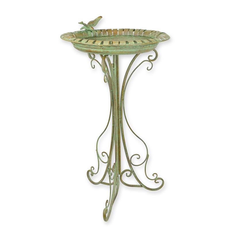 IJzeren vogelbad op sierlijke krulpoten met vogeltje op de rand, patina-afwerking, 75 cm hoog