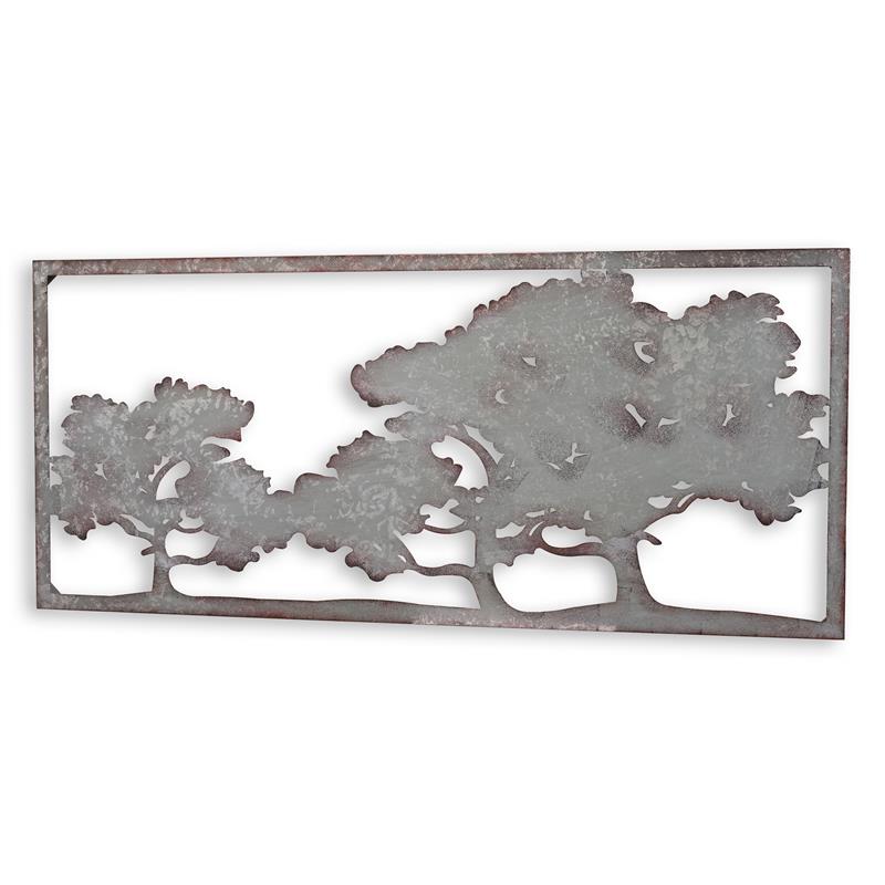 Rechthoekig ijzeren wandpaneel met opengewerkt boomlandschap, 56 × 125 cm