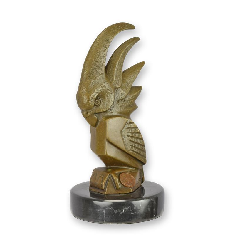Bronzen art-deco kaketoe op zwarte marmeren sokkel, bruine patina – 16,2 cm – VntiQue