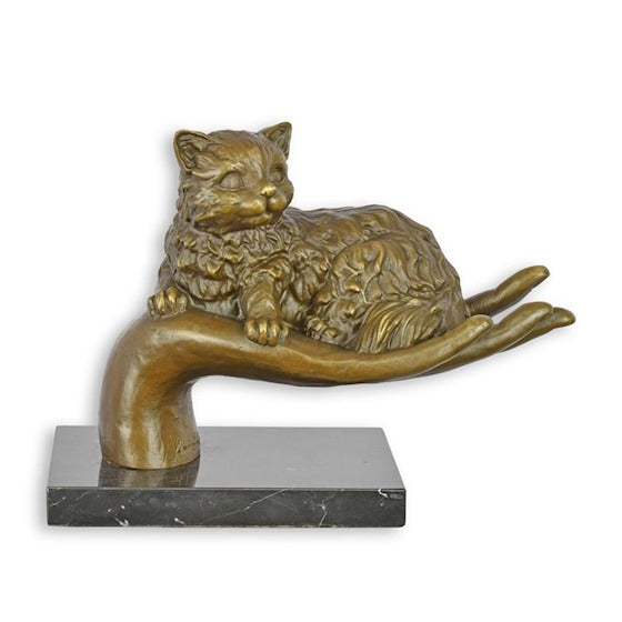 Bronzen beeld kat in hand op marmeren sokkel 26,8 cm – VntiQue