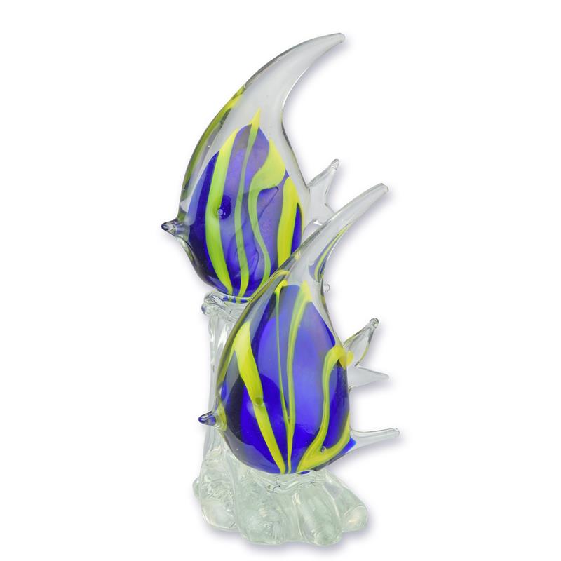 Murano-stijl glazen duo keizersvissen (blauw/geel) op heldere basis – 30,1 cm – VntiQue