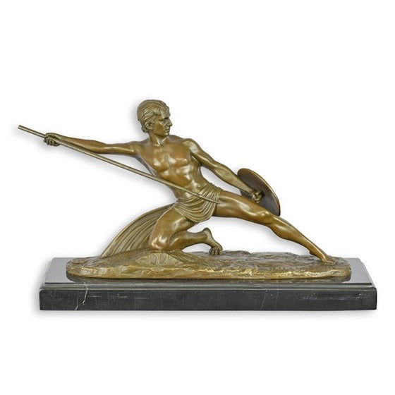 Bronzen beeld krijger met speer op marmeren sokkel 30,5 cm – VntiQue