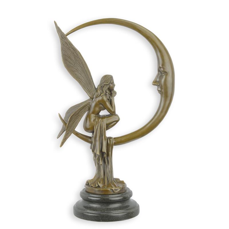 Bronzen maanfee zittend op sikkelmaan op ronde marmeren sokkel – 40,8 cm – VntiQue