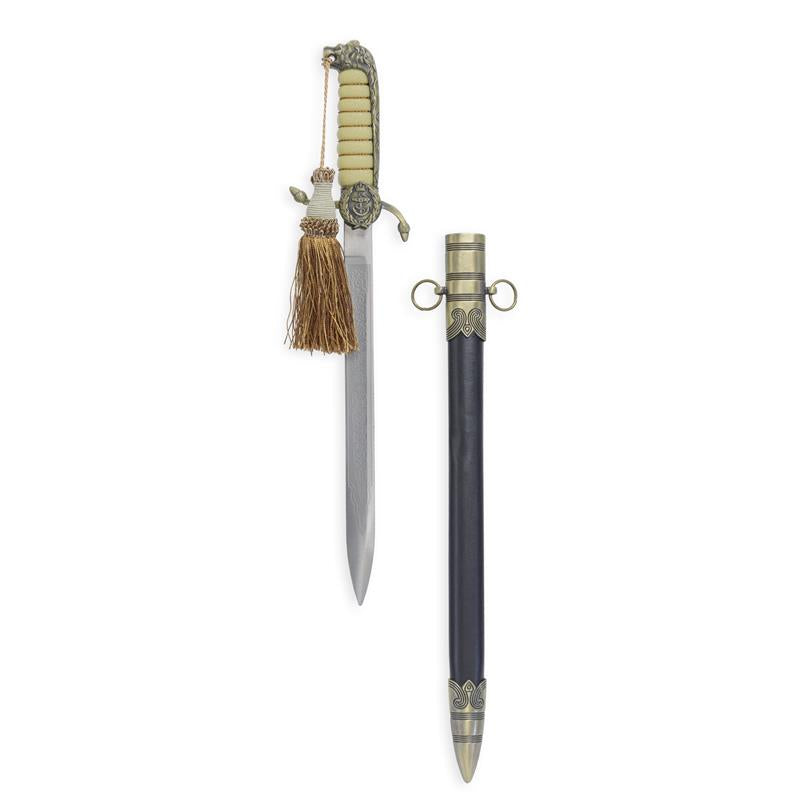 Ceremoniële officier-marinedolk met koordgreep, leeuwenkop, sierkwast en zwarte schede – 48,1 cm