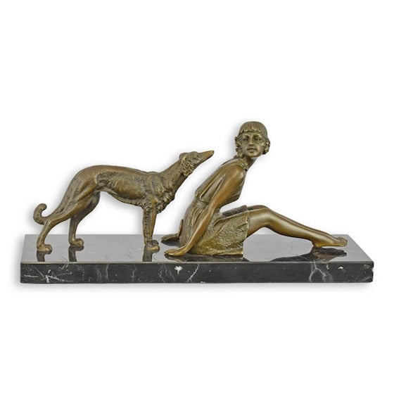 Bronzen beeld meisje met Borzoi op marmeren sokkel 29 cm – VntiQue