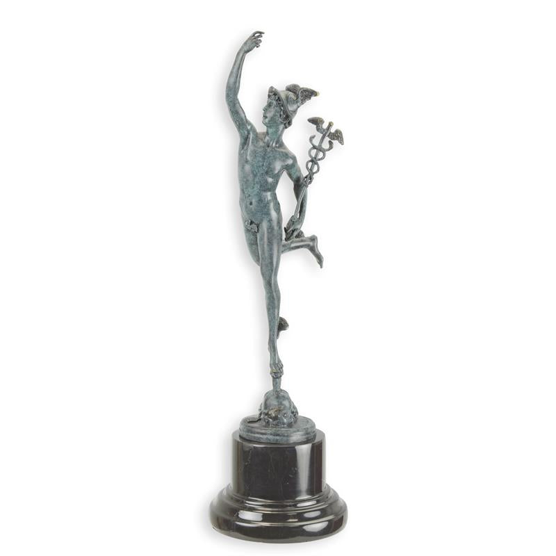 Bronzen Mercurius met caduceus, groene patina, op zwarte marmeren sokkel – 43 cm – VntiQue