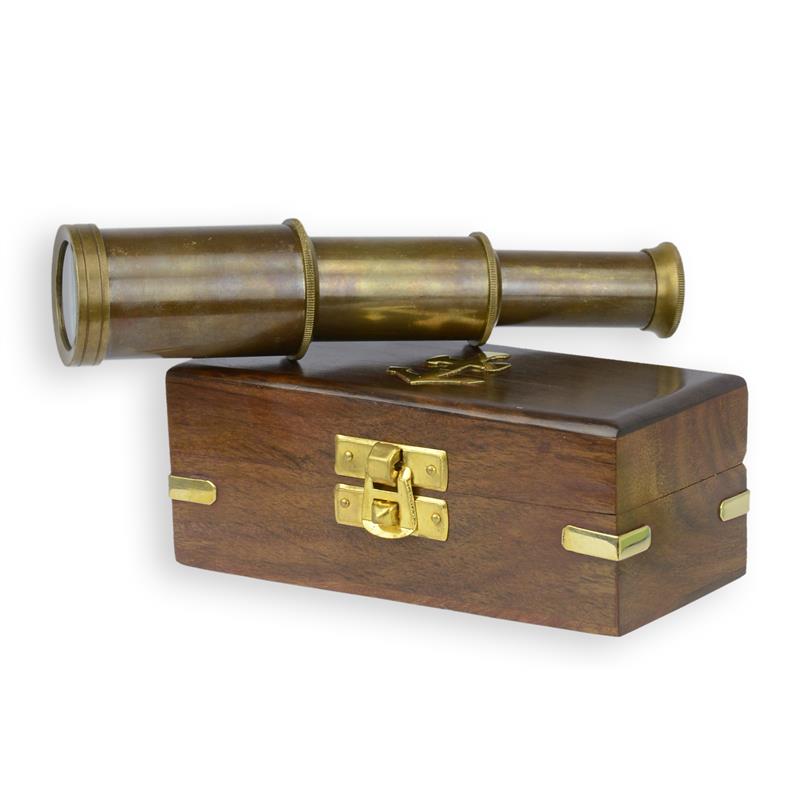 Messing uitschuif-monoculair met houten bewaardoos en messing beslag – 15,2 cm