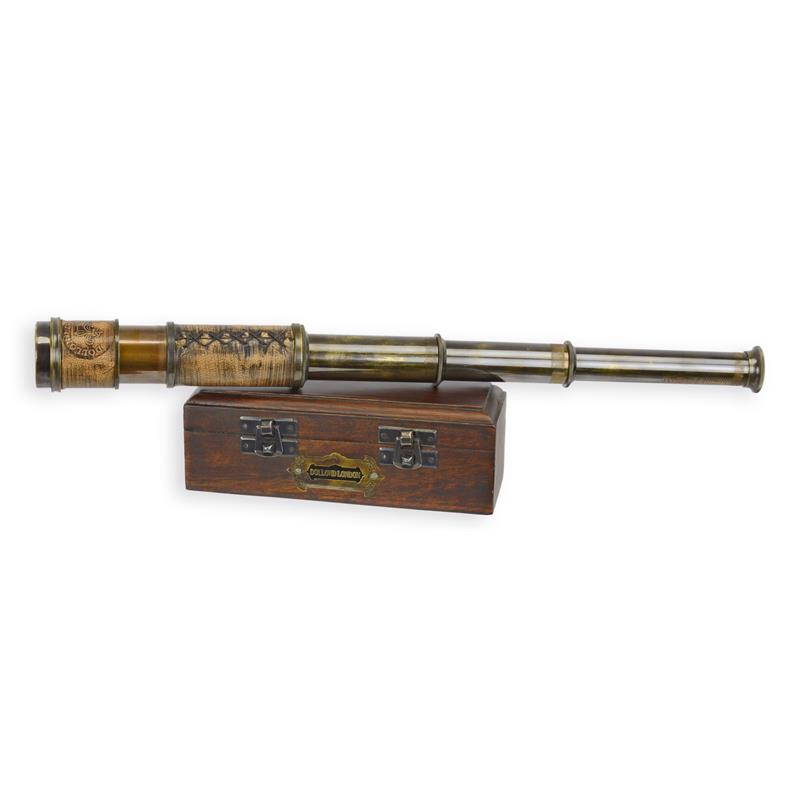 Messing uitschuif-monoculair met leren greep op houten bewaardoos – 40 cm
