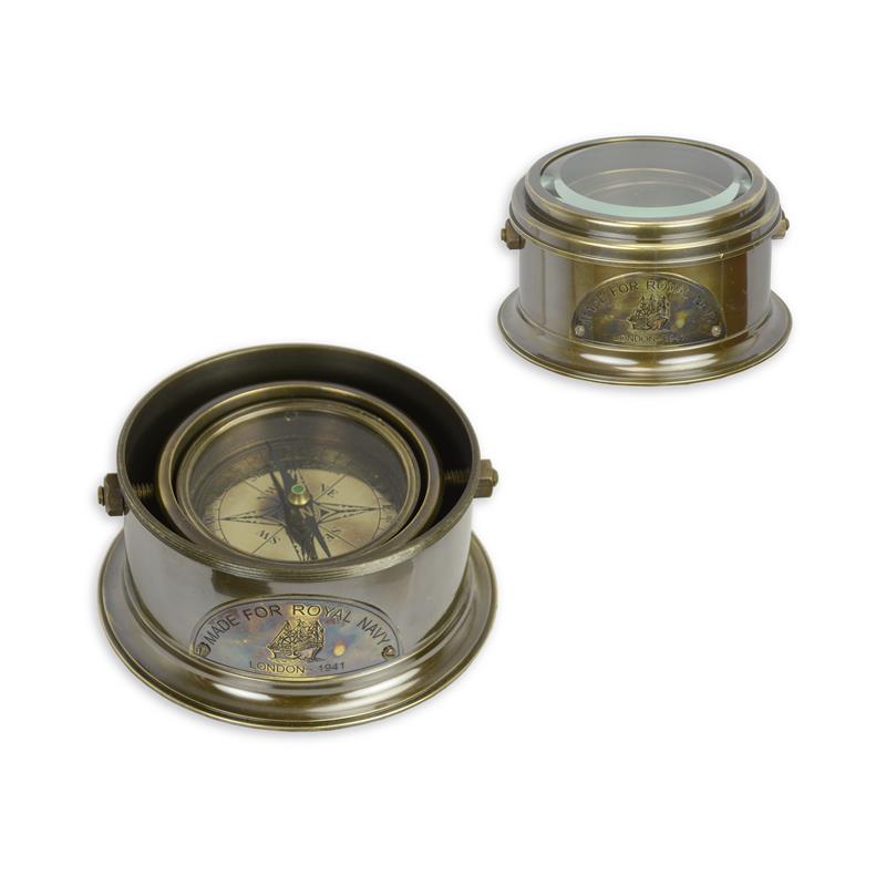Messing Royal Navy tafelkompas met cardanische ring en schroefbaar glazen deksel – Ø 11,2 cm