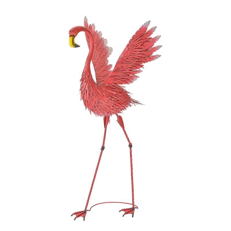 Metalen flamingo met opgetilde vleugels op ringvormige voet, handbeschilderd, 127 cm hoog