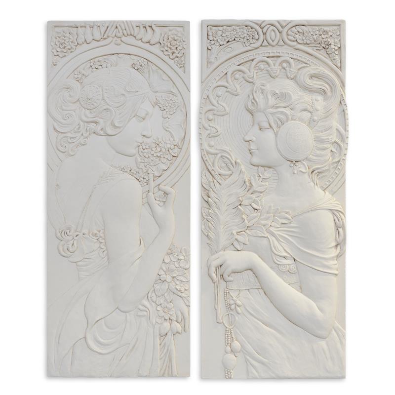 Set van 2 MGO Art Nouveau wandplaten in ivoor, 100×40 cm per paneel – reliëf