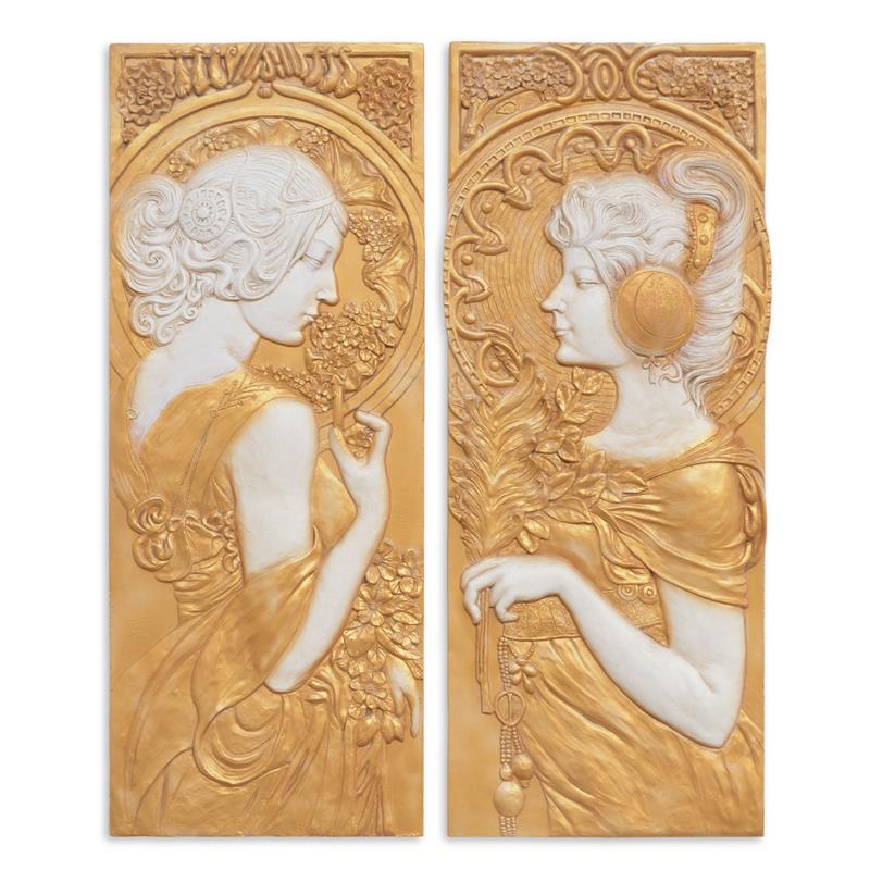 Set van 2 MGO Art Nouveau wandplaten, goud/ivoor, 100×40 cm per paneel – reliëf