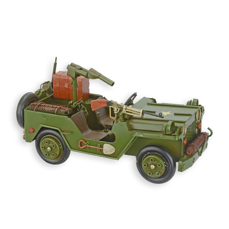 Handgeschilderd blikmodel van een militaire jeep in legergroen, vintage afwerking – 27 cm – VntiQue