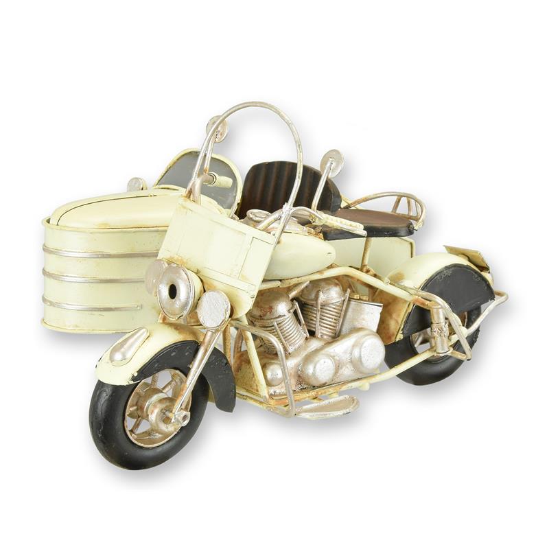 Handgeschilderd blikmodel motor met zijspan in ivoor/metallic vintage look – 20,4 cm – VntiQue