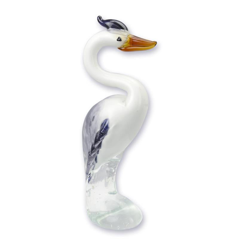 Murano stijl glazen ooievaar, wit met oranje snavel, op heldere glasbasis – 29,3 cm hoog.