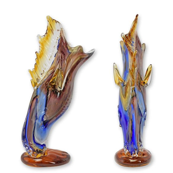 Murano-stijl glazen paardenkop vaas in blauw- en ambertinten – 43,8 cm – VntiQue