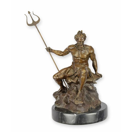 Bronzen sculptuur van Neptunus met drietand op marmeren sokkel – VntiQue