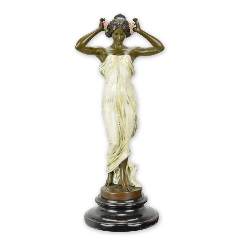 Bronzen beeld Nimf van de Vallei met meerkleurige patina op marmeren sokkel – 34,2 cm – VntiQue