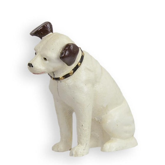 Gietijzeren Nipper hond spaarpot wit met donkere oren 14,8 cm – VntiQue