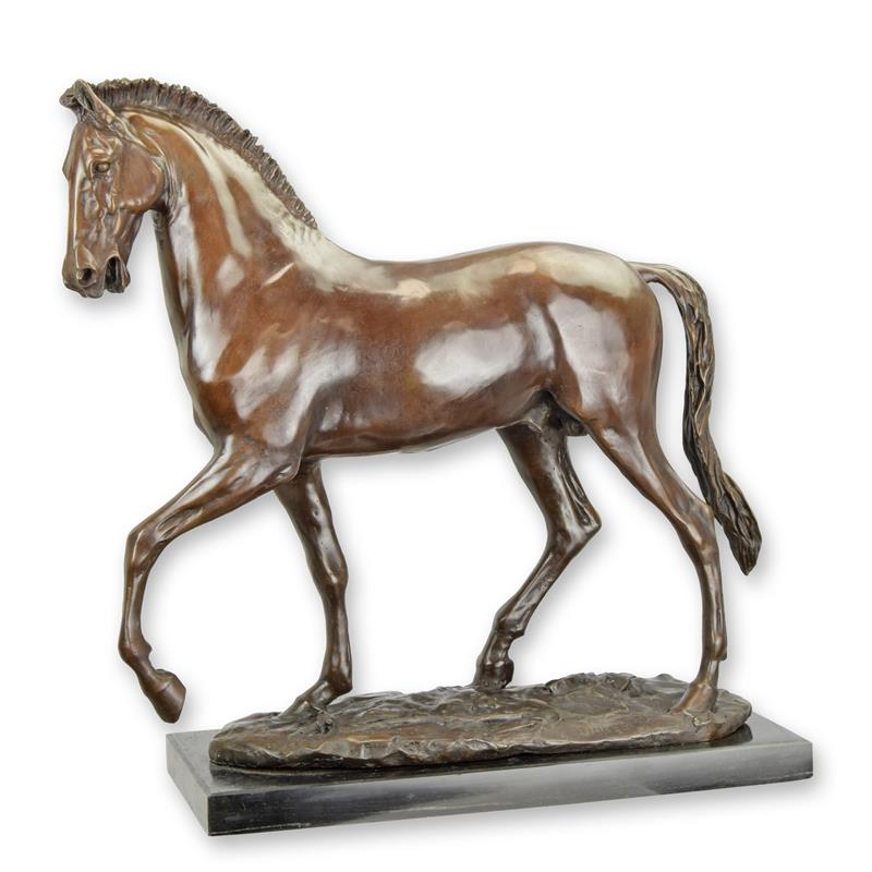 Bronzen beeld paard in draf, bruine patina, op marmeren sokkel – 55 cm – VntiQue