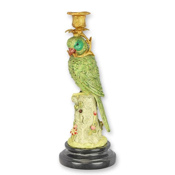 Bronzen papegaai kandelaar full color op stam en marmeren sokkel 31 cm – VntiQue