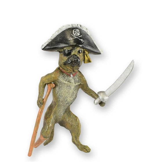 Bronzen sculptuur piraat mopshond met piratenhoed en zwaard – 10 cm – VntiQue