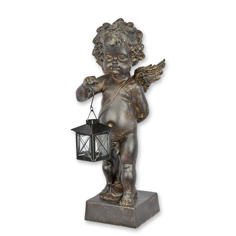 Resin beeld van putto met decoratieve lantaarn, bronslook – 46 cm
