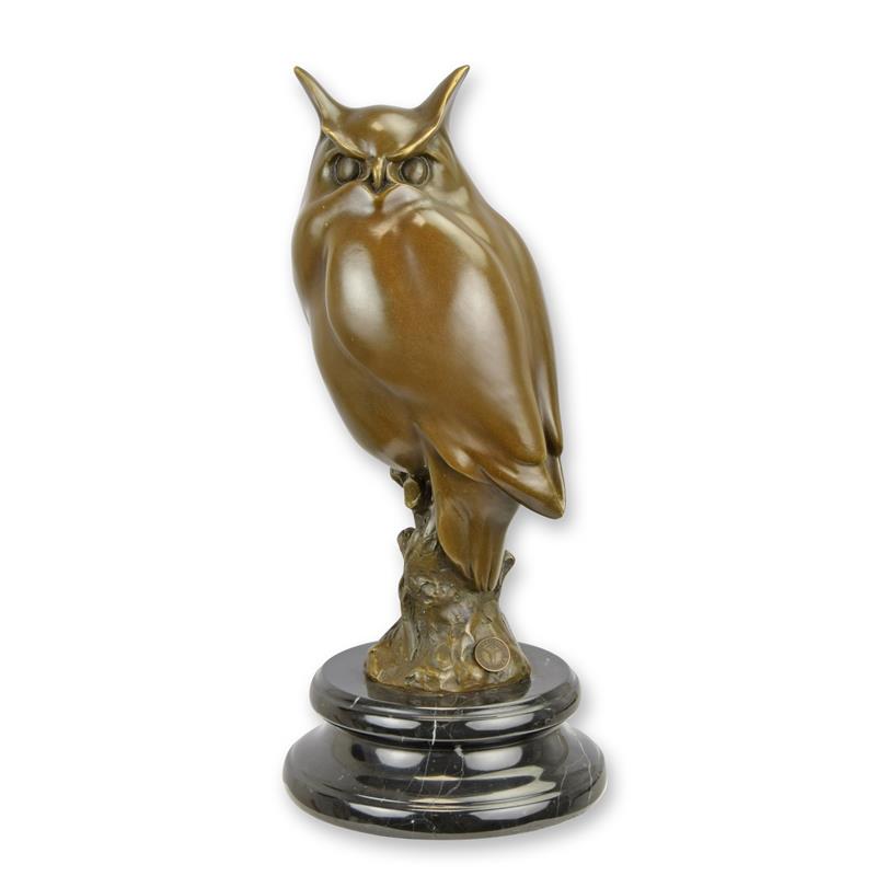 Bronzen ransuil met bruine patina op marmeren sokkel – 30,6 cm – VntiQue