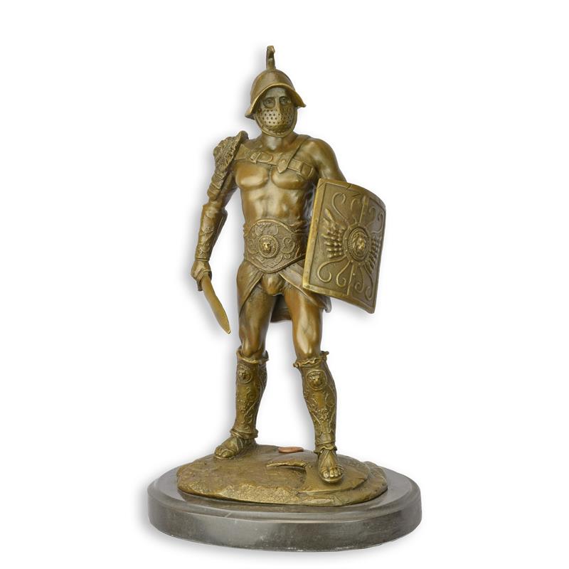 Bronzen beeld van Romeinse gladiator met helm, zwaard en schild op marmeren sokkel – 27 cm – VntiQue