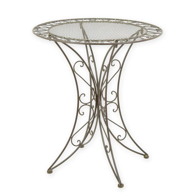 Ronde tuintafel van smeedijzer, bruine afwerking, opengewerkt blad – Ø70 x 78 cm – VntiQue