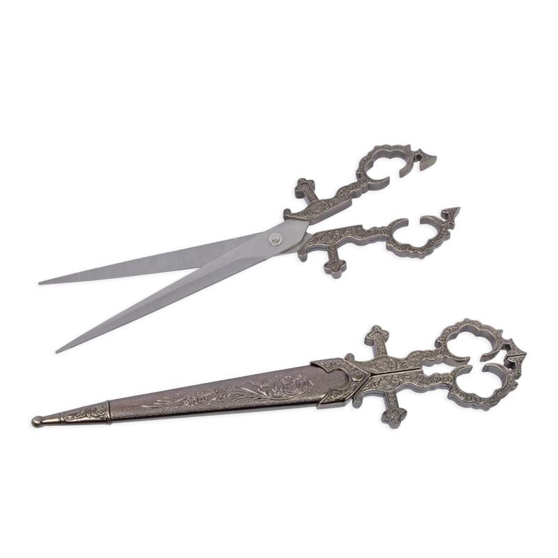 Decoratieve stalen schaar-dolk met gegraveerde schede – 26,2 cm – VntiQue