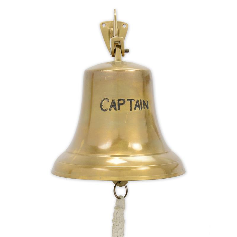 Messing scheepsbel met opschrift “CAPTAIN”, gepolijst, inclusief wandbeugel en trektouw – 22 cm – VntiQue