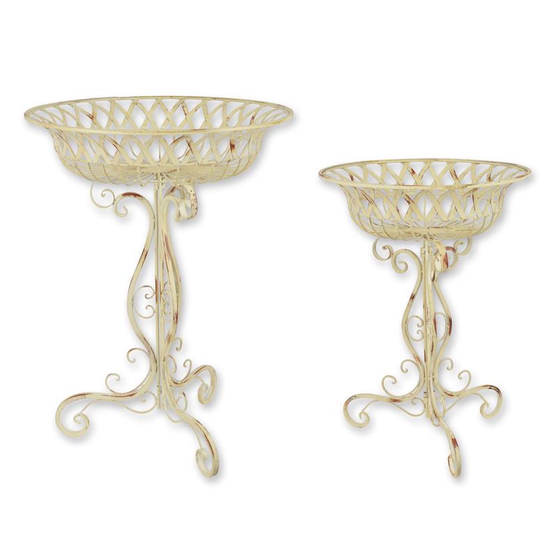 Set ijzeren plantenbakken op sierlijke voet, verweerd crème – hoogte 81 cm, diameter 60 cm – VntiQue