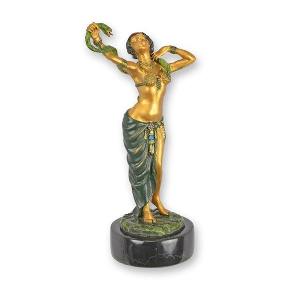 Bronzen sculptuur slangendans met gekleurde afwerking op marmeren sokkel – 18 cm – VntiQue