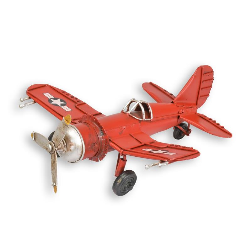 
Blik model van een rode Spitfire met propeller, handgeschilderd – 16,3 cm – VntiQue