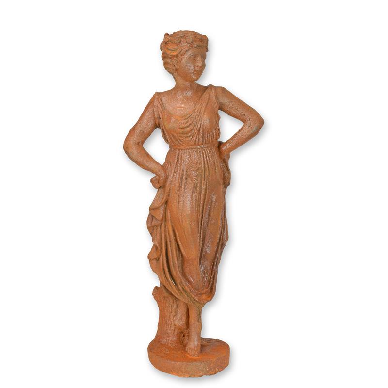 Gietijzeren beeld van staande vrouw met roestafwerking, 43 cm