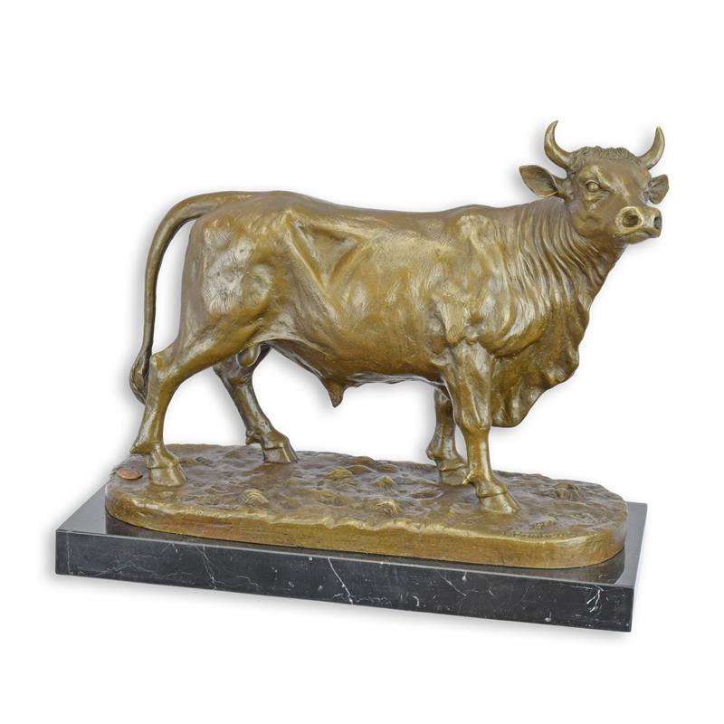 Bronzen stier op marmeren sokkel, bruine patina – 28,3 cm – VntiQue
