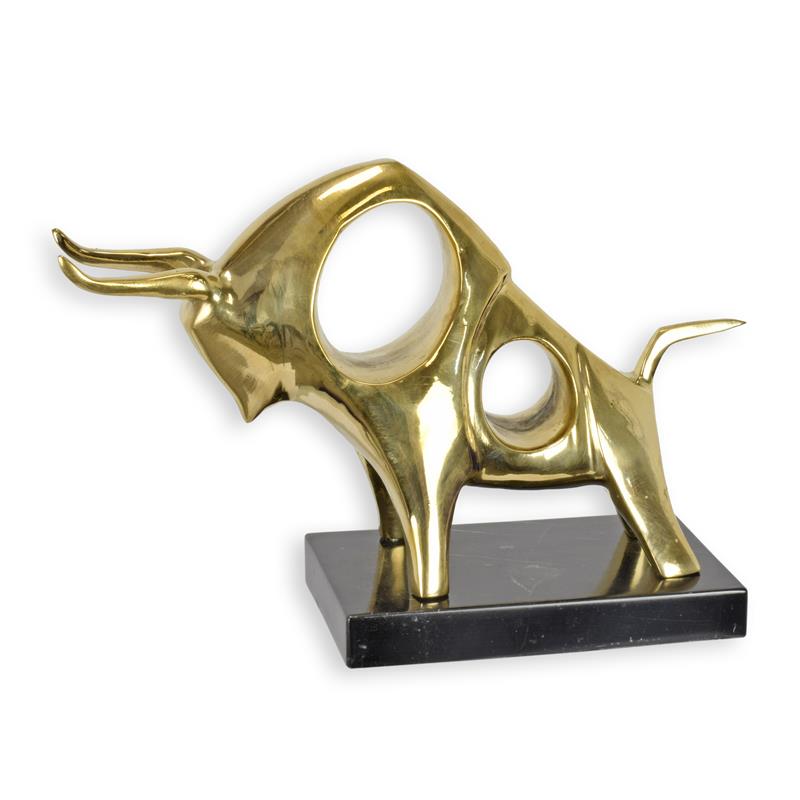 Bronzen moderne stier, goudkleurig, op zwarte marmeren sokkel – 19 cm – VntiQue
