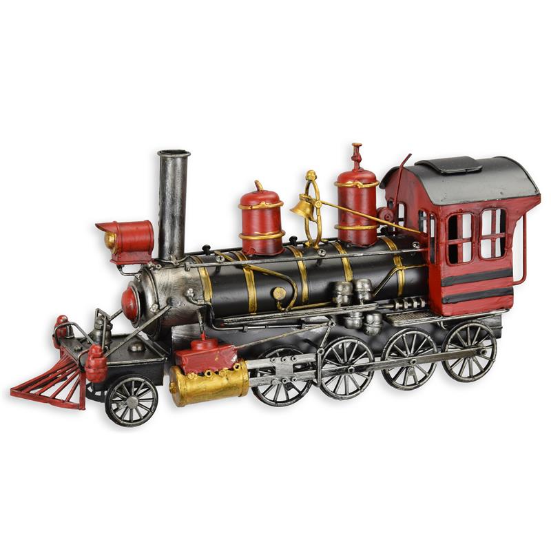 Blikmodel stoomlocomotief, handgeschilderd rood/zwart met goudaccenten – 41 cm – VntiQue