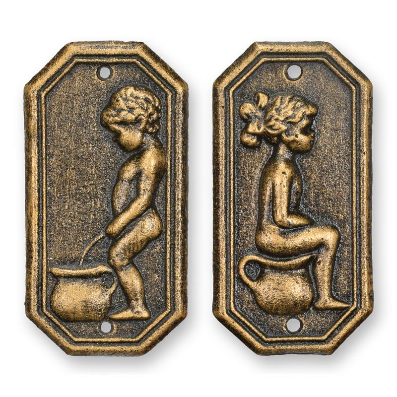 Gietijzeren toilet bordjes set (jongen & meisje) in bronslook – 17,2 cm – VntiQue