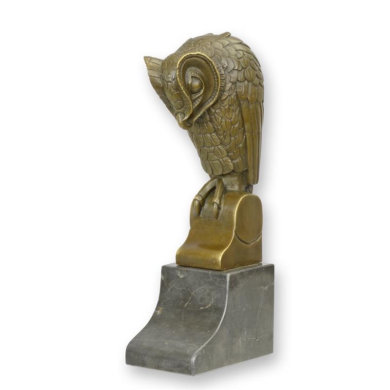 Bronzen uil met decoratieve veertextuur op marmeren sokkel – 25,3 cm – VntiQue