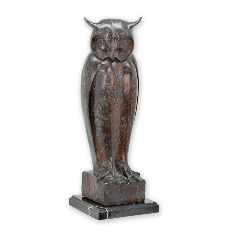 Bronzen uil met bruine patina op marmeren sokkel – 52 cm – VntiQue
